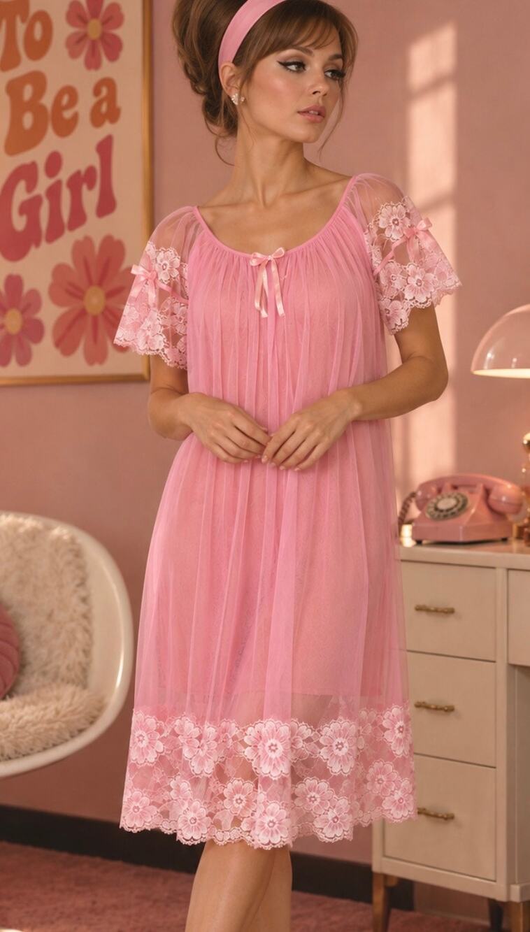 Vintage Pink Peignoir Nightgown 60s 70s Lace Trim Romantic Lingerie USA Made